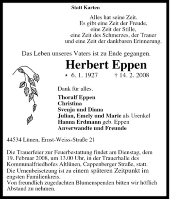 Traueranzeige von Herbert Eppen von Tageszeitung