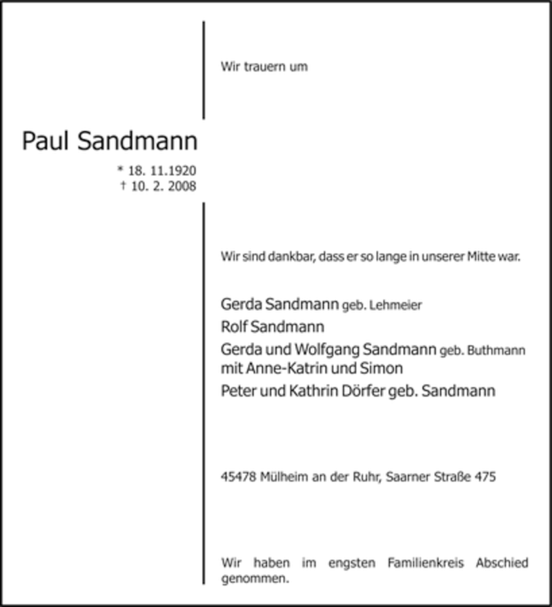  Traueranzeige für Paul Sandmann vom 16.02.2008 aus Tageszeitung