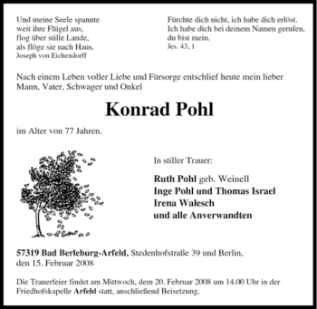 Traueranzeige von Konrad Pohl von Tageszeitung