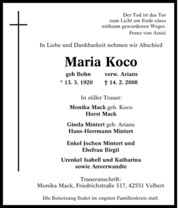Traueranzeige von Maria Koco von Tageszeitung