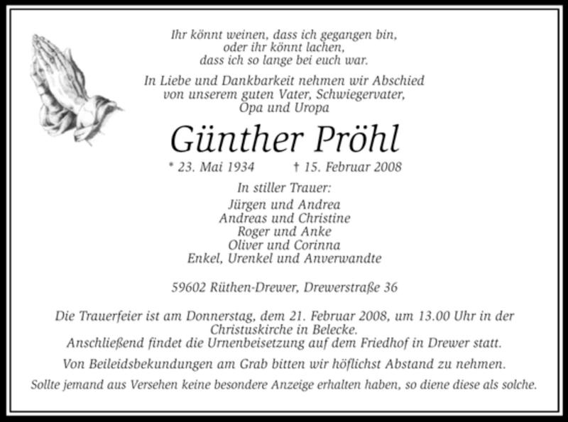  Traueranzeige für Günther Pröhl vom 16.02.2008 aus Tageszeitung