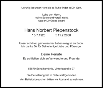 Traueranzeige von Hans Norbert Piepenstock von Tageszeitung