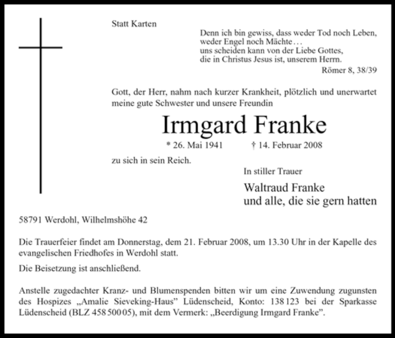  Traueranzeige für Irmgard Franke vom 16.02.2008 aus Tageszeitung