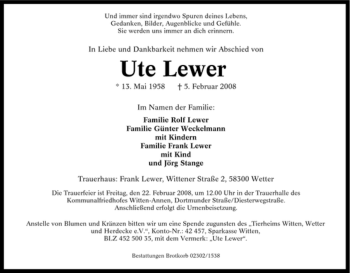 Traueranzeige von Ute Lewer von Tageszeitung
