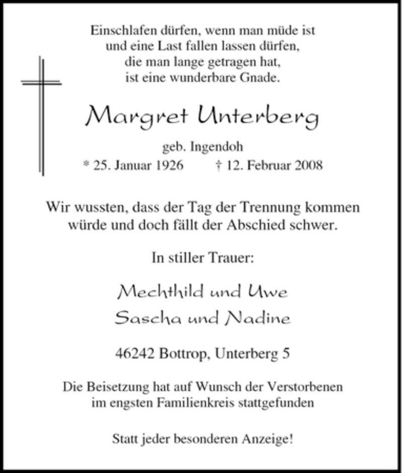  Traueranzeige für Margret Unterberg vom 18.02.2008 aus Tageszeitung