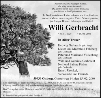 Traueranzeige von Willi Gerbracht von Tageszeitung