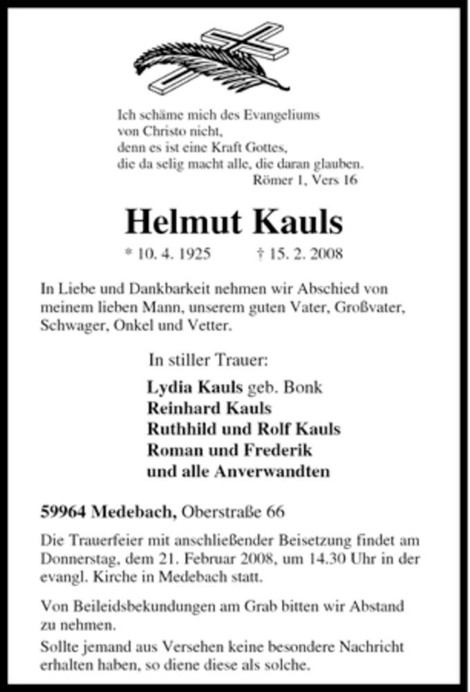  Traueranzeige für Helmut Kauls vom 18.02.2008 aus Tageszeitung