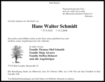 Traueranzeige von Hans Walter Schmidt von Tageszeitung