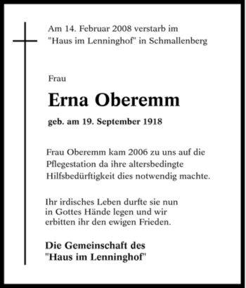 Traueranzeige von Erna Oberemm von Tageszeitung