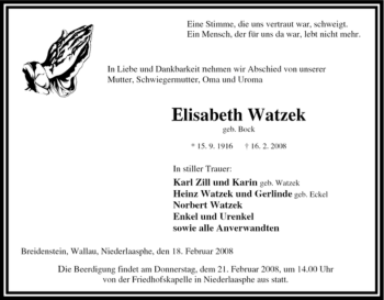 Traueranzeige von Elisabeth Watzek von Tageszeitung