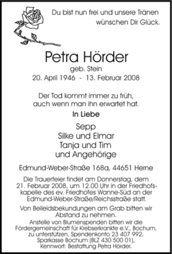Traueranzeige von Petra Hörder von Tageszeitung