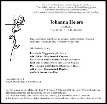 Traueranzeige von Johanna Heiers von Tageszeitung