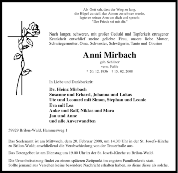 Traueranzeige von Anni Mirbach von Tageszeitung