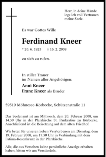 Traueranzeige von Ferdinand Kneer von Tageszeitung