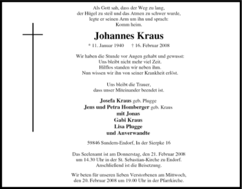 Traueranzeige von Johannes Kraus von Tageszeitung