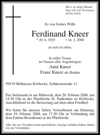 Traueranzeige von Ferdinand Kneer von Tageszeitung