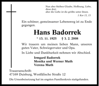 Traueranzeige von Hans Badorrek von Tageszeitung
