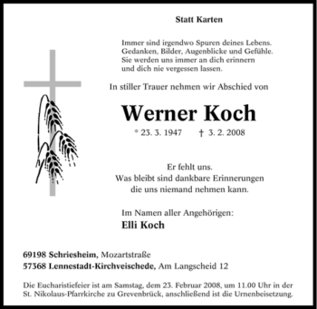 Traueranzeige von Werner Koch von Tageszeitung