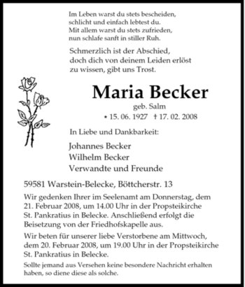Traueranzeige von Maria Becker von Tageszeitung