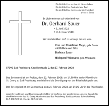 Traueranzeige von Gerhard Sauer von Tageszeitung