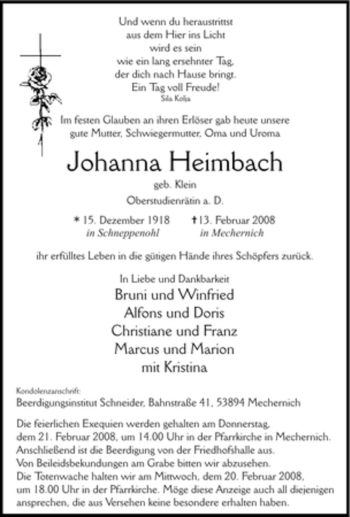 Traueranzeige von Johanna Heimbach von Tageszeitung