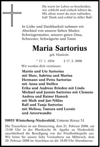 Traueranzeige von Maria Sartorius von Tageszeitung