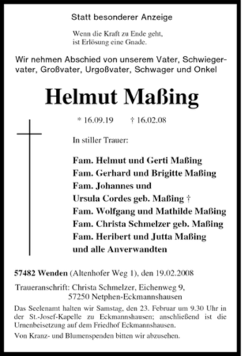 Traueranzeige von Helmut Maßing von Tageszeitung