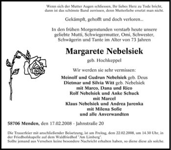 Traueranzeige von Margarete Nebelsiek von Tageszeitung