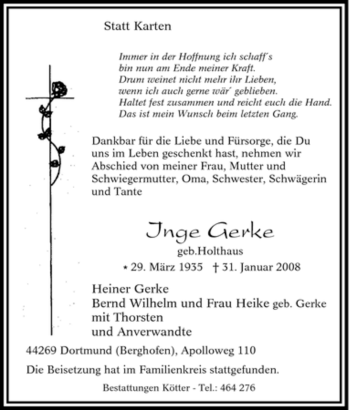 Traueranzeige von Inge Gerke von Tageszeitung
