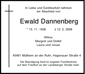 Traueranzeige von Ewald Dannenberg von Tageszeitung