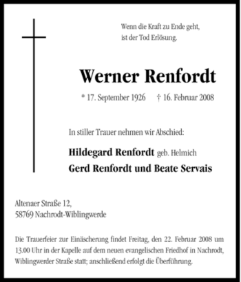 Traueranzeige von Werner Renfordt von Tageszeitung