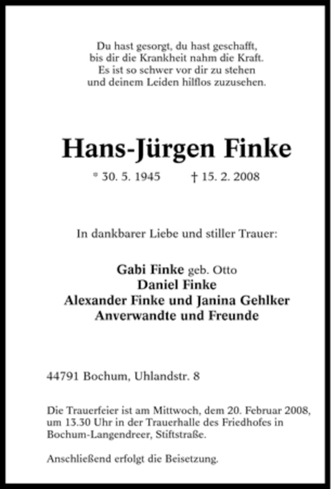  Traueranzeige für Hans-Jürgen Finke vom 19.02.2008 aus Tageszeitung