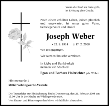 Traueranzeige von Joseph Weber von Tageszeitung