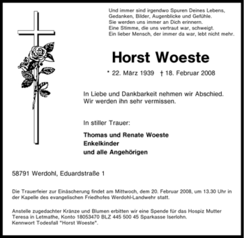 Traueranzeige von Horst Woeste von Tageszeitung