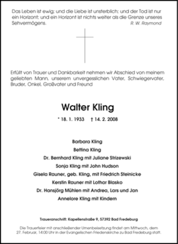 Traueranzeige von Walter Kling von Tageszeitung