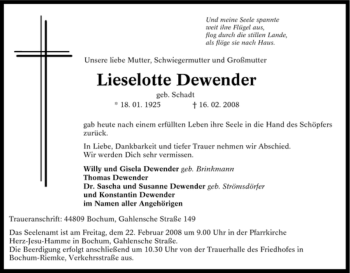 Traueranzeige von Lieselotte Dewender von Tageszeitung
