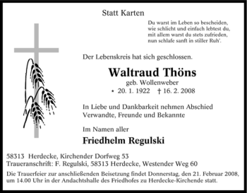 Traueranzeige von Waltraud Thöns von Tageszeitung