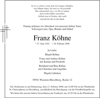 Traueranzeige von Franz Köhne von Tageszeitung