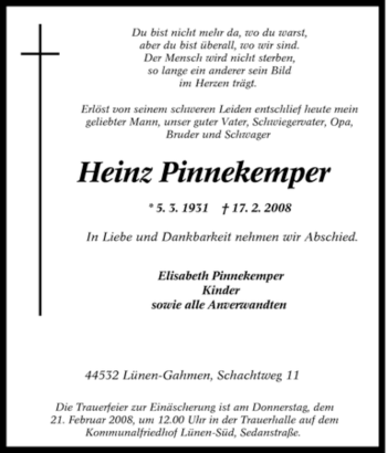 Traueranzeige von Heinz Pinnekemper von Tageszeitung
