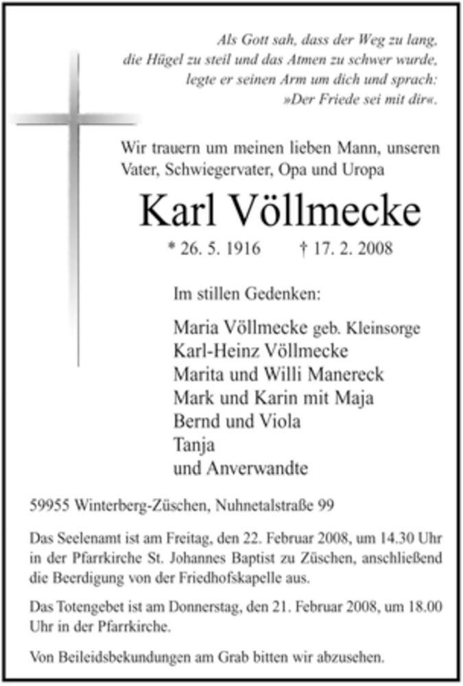 Traueranzeige für Karl Völlmecke vom 19.02.2008 aus Tageszeitung
