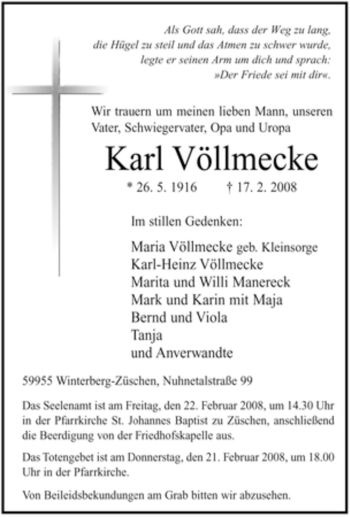 Traueranzeige von Karl Völlmecke von Tageszeitung