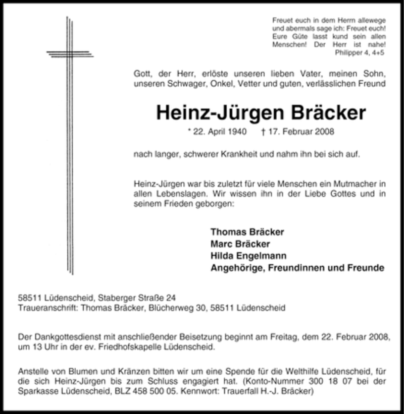  Traueranzeige für Heinz-Jürgen Bräcker vom 19.02.2008 aus Tageszeitung
