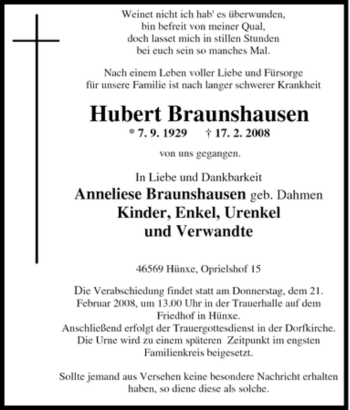 Traueranzeige von Hubert Braunshausen von Tageszeitung