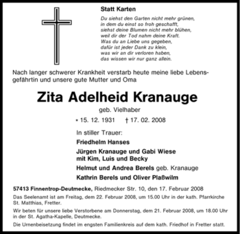 Traueranzeige von Zita Adelheid Kranauge von Tageszeitung