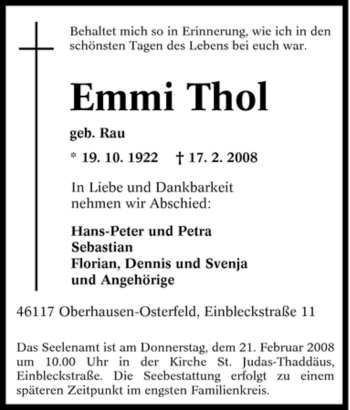Traueranzeige von Emmi Thol von Tageszeitung