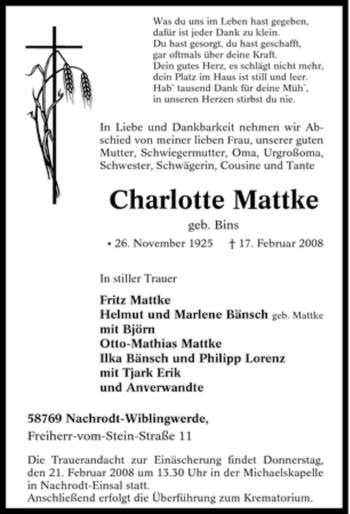 Traueranzeige von Charlotte Mattke von Tageszeitung