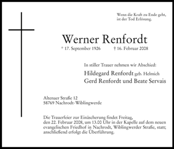 Traueranzeige von Werner Renfordt von Tageszeitung