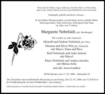 Traueranzeige von Margarete Nebelsiek von Tageszeitung