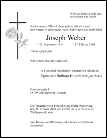 Traueranzeige von Joseph Weber von Tageszeitung