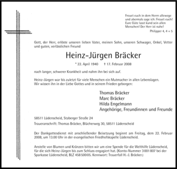 Traueranzeige von Heinz-Jürgen Bräcker von Tageszeitung